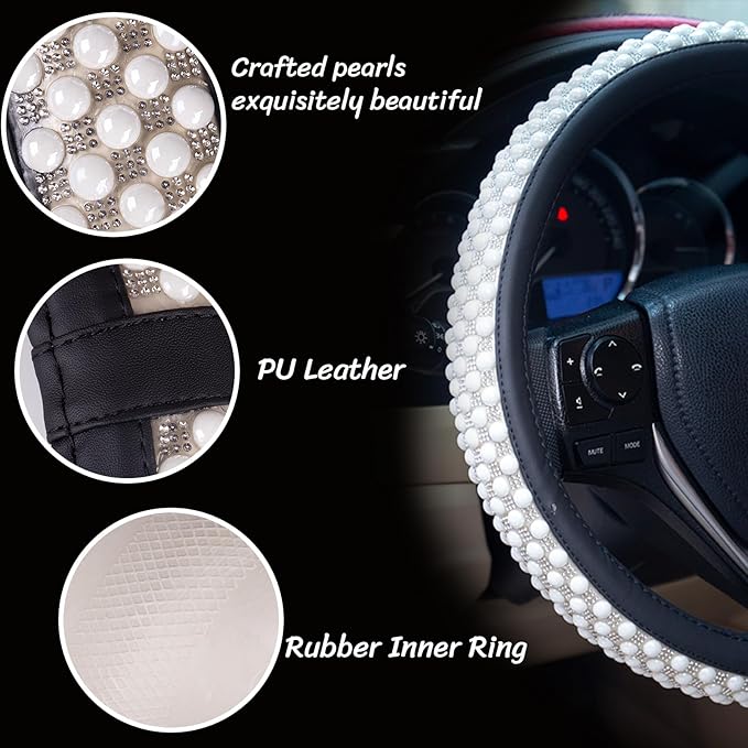 Leather Bling Steering Wheel Cover Women Rhinestone White Soft Comfortable Glitter Sparkly Universal 15 inch Steering Wheel C