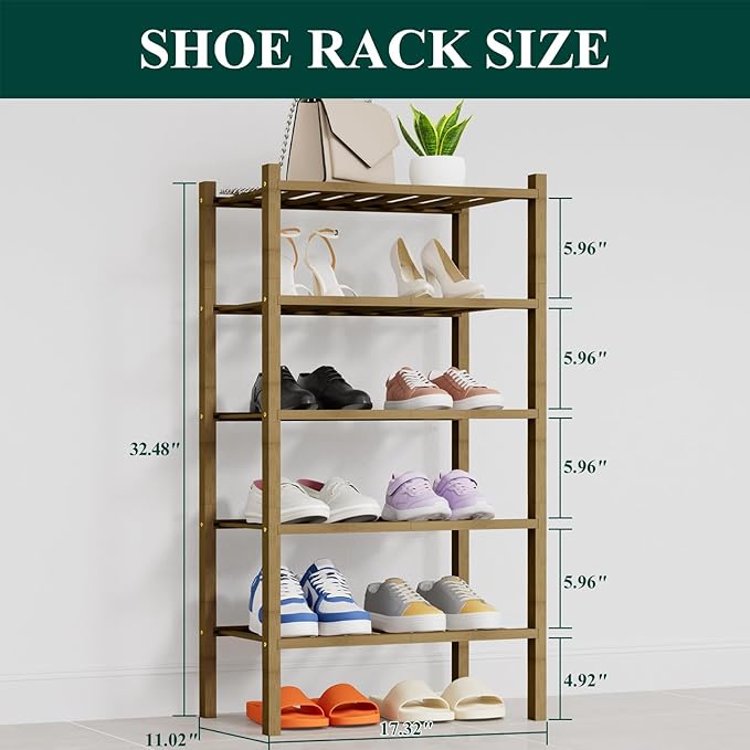 Smiry Shoe Rack, 5 Tier Thick Small Bamboo Shoe Organizer, Stackable Free Standing Wooden Shoe Storage Shelf for Closet, Entr
