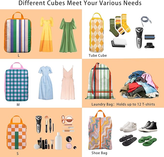 6 Pcs Compression Packing Cubes, Packing Cubes for Travel, Waterproof Luggage Organizer Bags Set, Cute Packaging Cubes for Wo