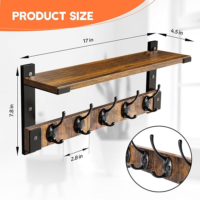 Oraich Wall Hooks with Shelf, Coat Rack Wall Mount for Coat Backpack Key Clothes Hanger, Wall Floating Shelf Hanging in Entry