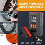Portable Car Jump Starter with Air Compressor, 14.8V 2000 * 4mAh Battery Booster, 150PSI Tire Inflator, Power Bank & LED