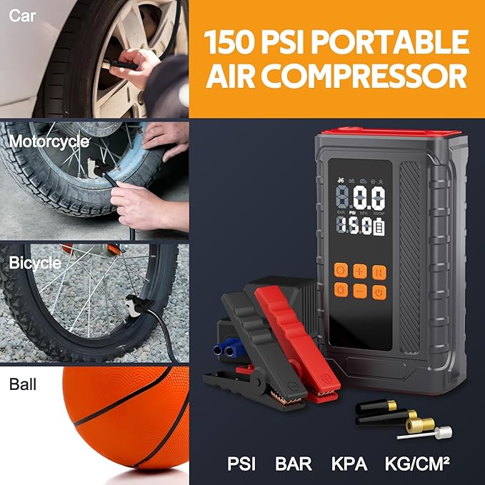 Portable Car Jump Starter with Air Compressor, 14.8V 2000 * 4mAh Battery Booster, 150PSI Tire Inflator, Power Bank & LED