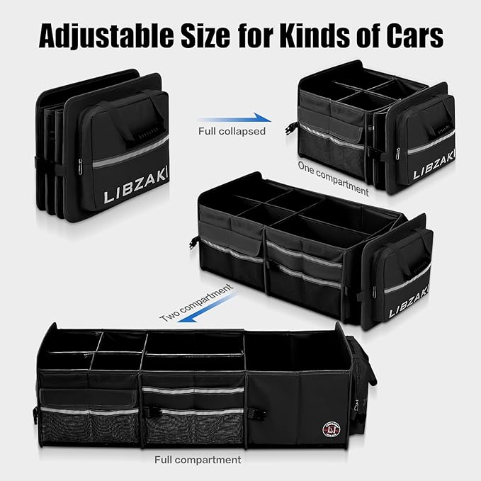 LIBZAKI Oversize 4 in 1 Car Trunk Storage Organizer, Multi Compartment Collapsible Trunk Storage Box with Cooler Bag for Car
