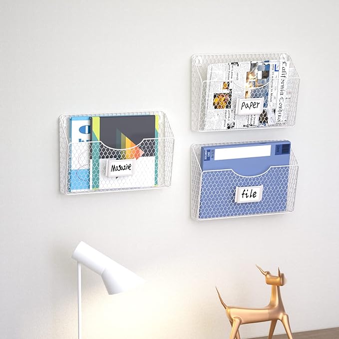 Magazine Rack 3 Pockets Hanging File Organizer Metal Wire Baskets with Tag Slot literature catalogs,mail,letters,charts,broch