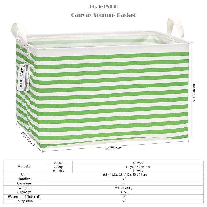 Sea Team Collapsible Canvas Fabric Storage Basket with Handles, Rectangle Waterproof Storage Bin, Box, Cube, Foldable Shelf B