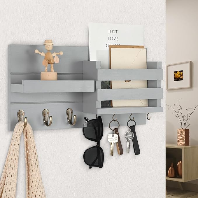 Lwenki Mail Organizer for Wall Mount – Key Holder with Shelf Includes Letter Holder and Hooks for Coats, Dog Leashes – Rustic
