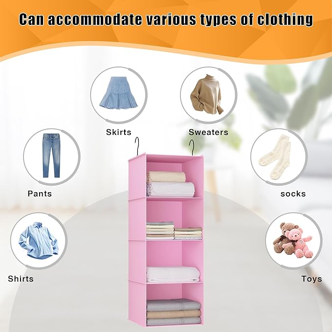 Hanging Closet Organizer, Easy Mount Foldable 4-Shelf Hanging Closet Wardrobe Storage Shelves, Clothes Handbag Shoes Accessor