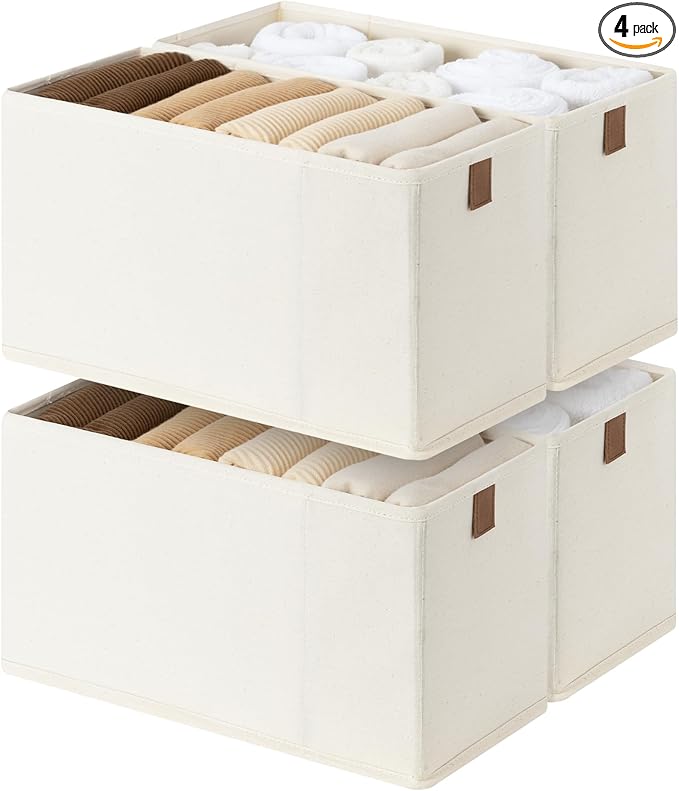StorageWorks Fabric Storage Bins, Small Storage Bins with PU Handle, Decorative Narrow Baskets for Shelves, Ideal for Organiz