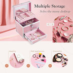 Hododou Girls Jewelry Box Organizer with Drawer & Mirror, Shiny Pink Style Lockable Storage Case for Kid or Little Girls Jewe