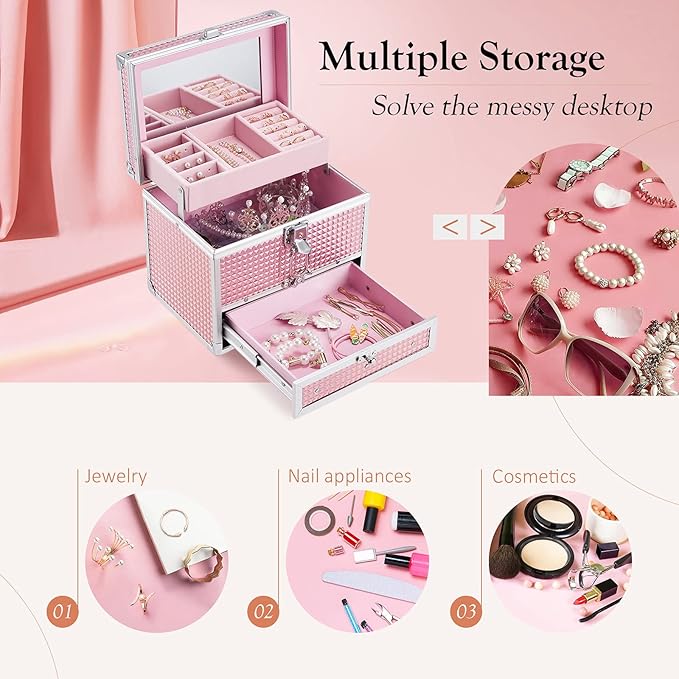 Hododou Girls Jewelry Box Organizer with Drawer & Mirror, Shiny Pink Style Lockable Storage Case for Kid or Little Girls Jewe