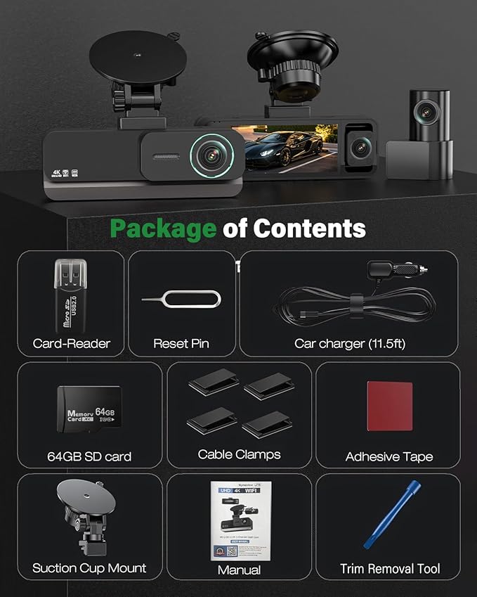 4K+2.5K+2.5K 3 Channel Dash Cam - Front/Rear/Inside - 5.8GHz WiFi 6 Dashcam with IR Night Vision, 64GB Card, 24H Parking Mode