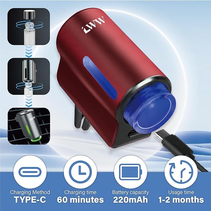 LWW Smart Car Air Freshener - 3 Levels Strength with Ventilation Clip, Rechargeable Car Fragrance Atomizer - with 8 10ml Bott