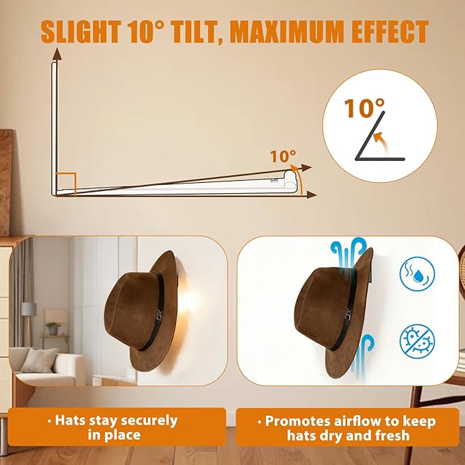 Metal Cowboy Hat Rack for Wall – Extended Curved Silicone Grip Holder, Fits All Hat Sizes, Protects Large Brim Hats, Universa