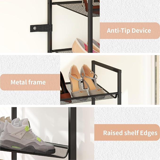8 Tier Shoe Rack, Tall Metal Shoe Storage with Adjustable Shelves, Holds 16-20 Pairs, Stackable Shoe Stand for Garage Hallway