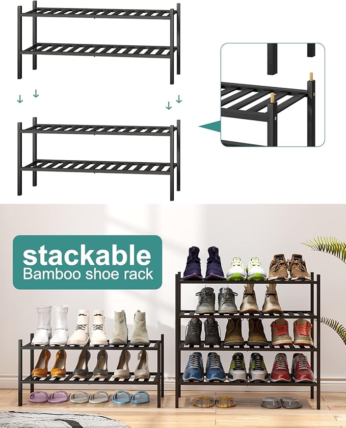 viewcare 2-Tier Black Bamboo Shoe Rack for Entryway, Stackable | Foldable | Natural, Shoe Shelf Storage Organizer for Hallway