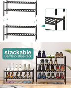 viewcare 2-Tier Black Bamboo Shoe Rack for Entryway, Stackable | Foldable | Natural, Shoe Shelf Storage Organizer for Hallway