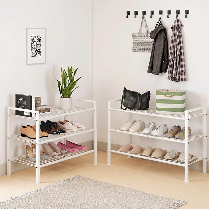 3-Tier Metal Shoe Rack, Sturdy Floor-Mounted Storage Organizer for Closet Entryway Garage Dorm Room, Easy Assembly Multi-Purp