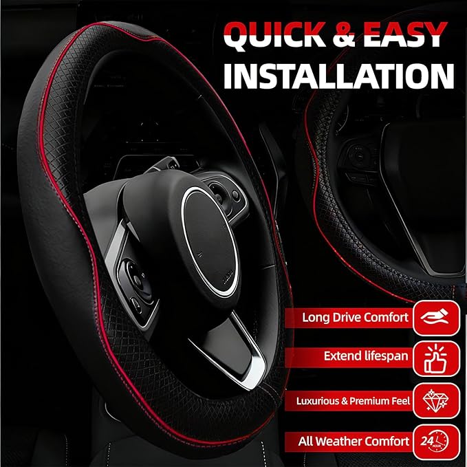 NBTEPEM 6 PCS Car Steering Wheel Cover Set, Microfiber Leather Steering Wheel Covers Universal 14.5-15 inch, Center Console C