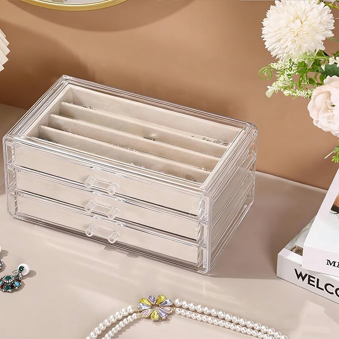 CLUQMEIK Necklace Organizer Box with Clear Lid, Dustproof Velvet Jewelry Holder Storage Display Case, Stackable Acrylic Neckl