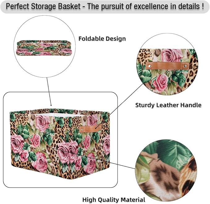 Leopard Print Floral Flower Storage Basket Collapsible Cloth Storage Cube Basket Bins Organizer with Handles Rectangular Larg