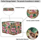 Leopard Print Floral Flower Storage Basket Collapsible Cloth Storage Cube Basket Bins Organizer with Handles Rectangular Larg