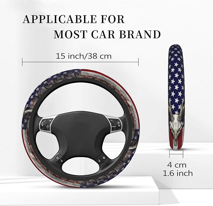 Camouflage Deer American Flag Steering Wheel Cover for Men, Anti-Slip Elastic Breathable Soft Rubber Car Steering Wheel Prote