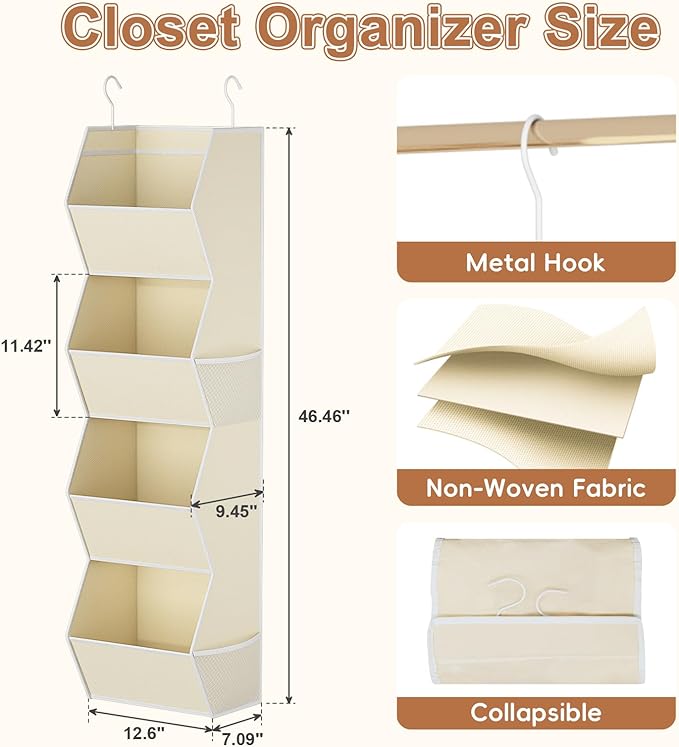 Hanging Closet Organizer 4 Shelf Collapsible Fabric Closet Organizers and Storage Hanging with Mesh Pocket for Clothes, Hangi