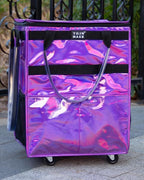 Reusable Grocery Bag On Wheels (Medium, Glitter Purple), Shopping Trolley, Rolling Tote with 8 Pockets and Zipper Cover, Foldable, Heavy Duty Handles, Carries Up to 66 LBS