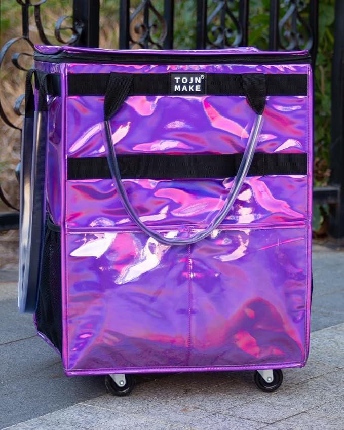 Reusable Grocery Bag On Wheels (Medium, Glitter Purple), Shopping Trolley, Rolling Tote with 8 Pockets and Zipper Cover, Foldable, Heavy Duty Handles, Carries Up to 66 LBS