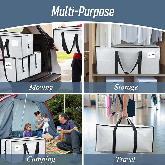 6 Pack Extra Heavy Duty Large Moving Bags with Strong Zipper & Comfortable Handles, Sturdy & Durable Clothes Storage Bags Tot