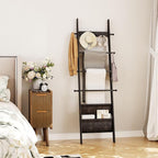 ELYKEN Blanket Ladder, 5-Tier Farmhouse Wooden Rack with Synthetic Leather Pocket, 4 Removable Hooks, Decorative Leaning Ladd