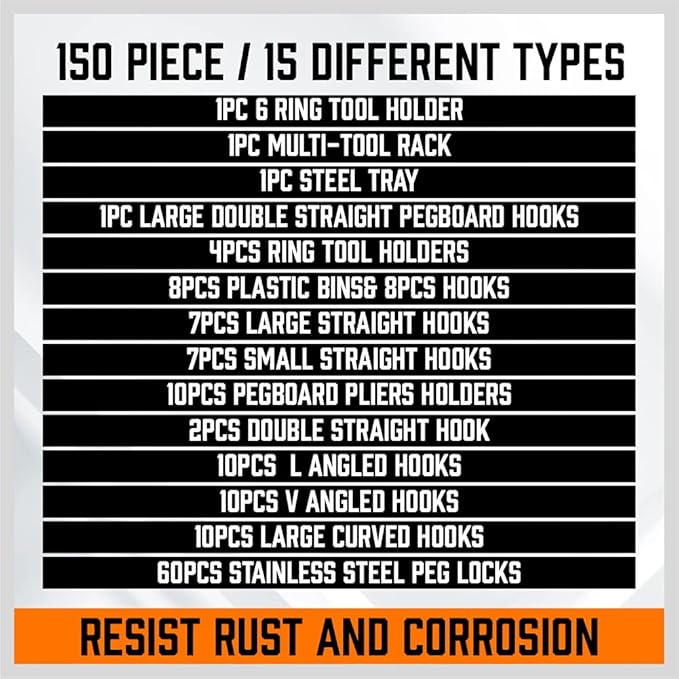 HORUSDY 150 PCS Pegboard Hooks Assortment Kit – 15 Types Heavy Duty Pegboard Accessories with Bins – Fits 1/8 & 1/4 Inch Pegb