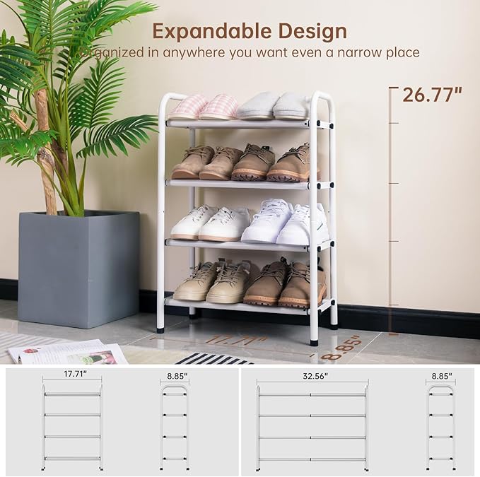 Gonfoam 4-Tier Expandable Shoe Rack,Adjustable Shoe Shelf Storage Organizer Heavy Duty Metal Free Standing Shoe Rack for Entr