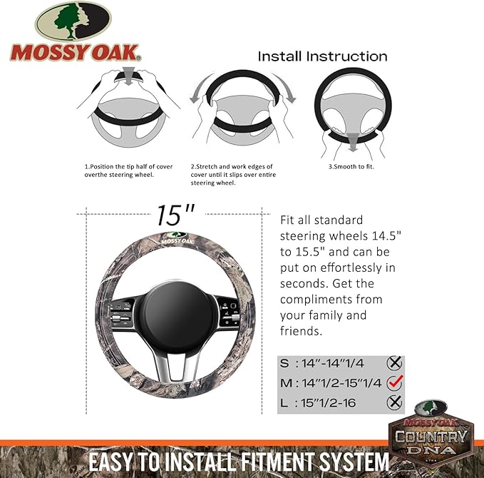Mossy Oak Full Camo Steering Wheel Cover - Made from Premium Cotton Twill, Universal Fit for 14 1/2 to 15 inches - Official L