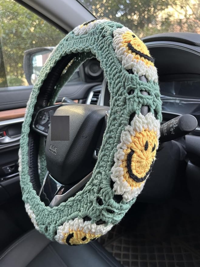 Handmade Crochet Sun Smiling face Car Steering Wheel Covers Universal 14-15 inch,Cute Steering Wheel Cover,Car Accessories (Sun Steering Wheel Cover)