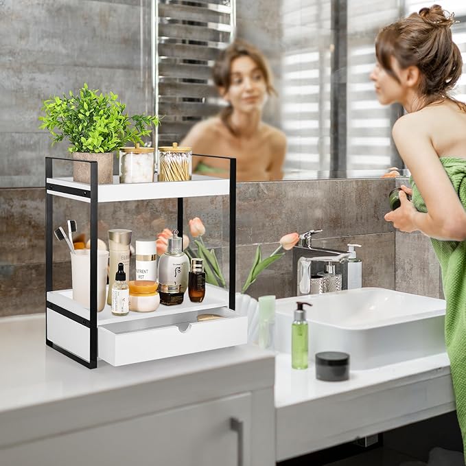 2-Tier Wooden Counter Shelf with Drawer, Vanity Tray for Organization and Decor, Countertop Organizer for Bathroom and Kitche