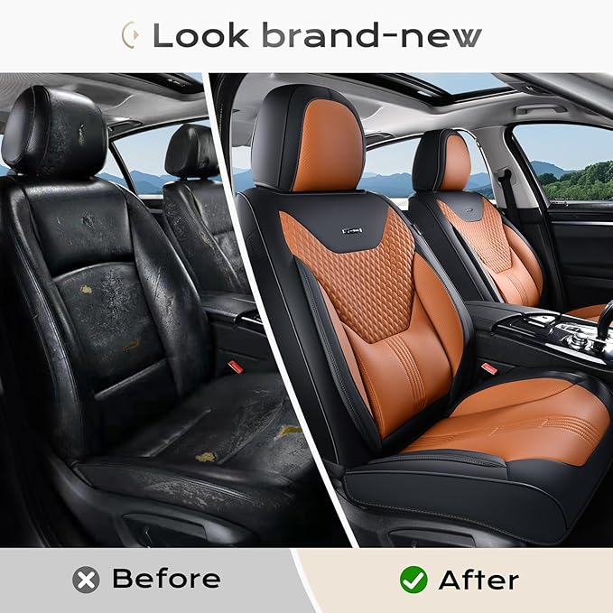 Coverado Car Seat Covers Full Set, Front Seat Covers with Lumbar Support and Back Seat Cover Waterproof Leather Automotive Se