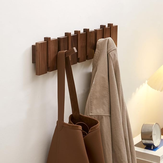 QUELLANCE Wood Coat Rack Wall Mount, Coat Hooks Hanger Wall Mounted, Heavy Duty Wall Coat Rack with 6 Hooks for Hanging Coats