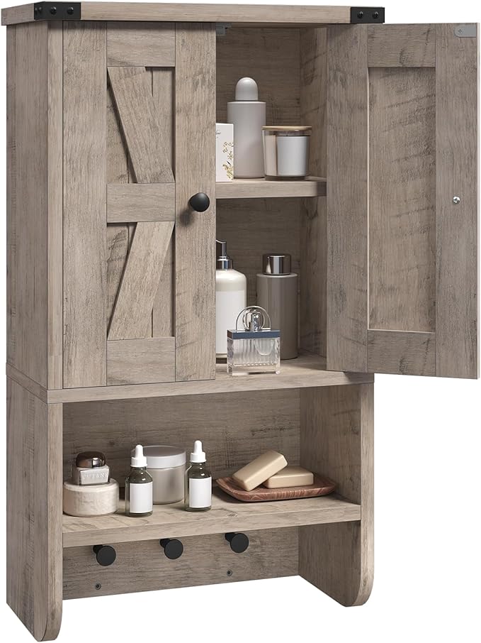 MAHANCRIS Bathroom Wall Cabinet, Farmhouse Medicine Cabinet with Adjustable Shelf, 3-Tier Wall-Mounted Storage Cabinet with 3