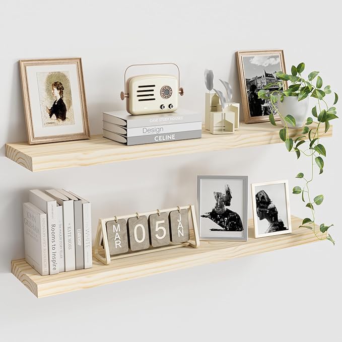 Vivelove Natural Wood Floating Shelves 36”，8 inch Deep Floating Shelf with Invisible Brackets, Unfinished Wall Shelves for Li