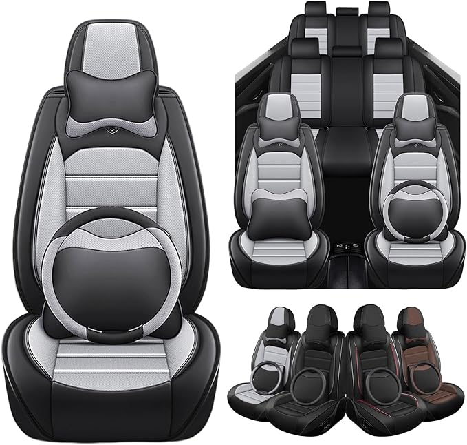 Seat Covers for Ford Expedition Max 2018-2026 8 Seaters, Compatible Airbag Non-Slip Waterproof Leather Seat Protector, Luxury Car Seat Cover Full Set with Pillow Steering Wheel Covers, Black Gray