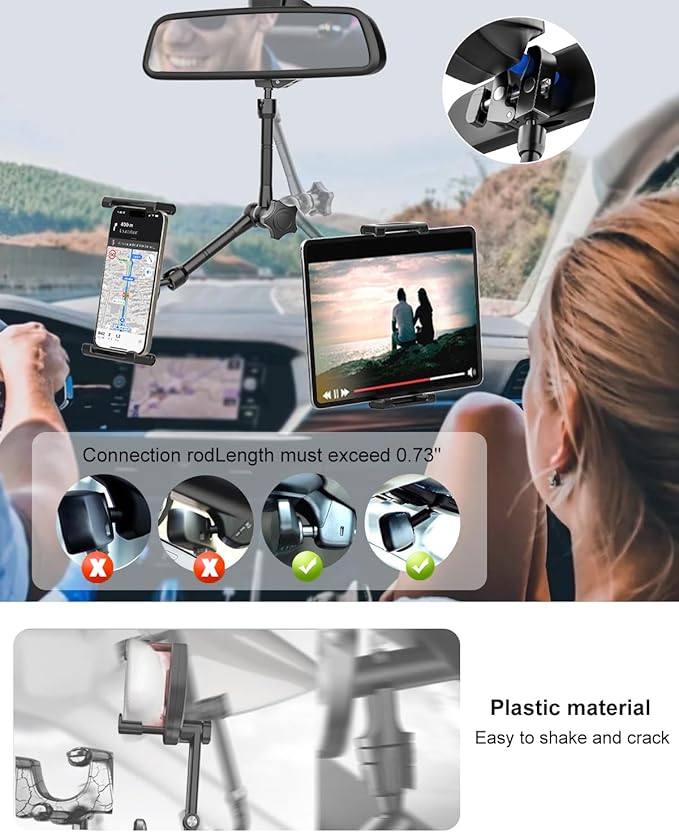 Rearview Mirror Tablet Holder for Car [Metal Magic Arm] Universal Metal Clip Rear View Mirror Tablet Mount, Rear View Mirror Phone Holder for 5.5-15.6” iPad Pro/Air/Mini, Galaxy Z, iphone16
