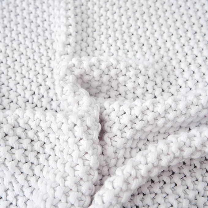 Chunky Cable Knit Throw Blanket Lightweight White 100% Organic Cotton Blanket for Sofa Couch Bed Baby Nursery, Rustic Shabby 