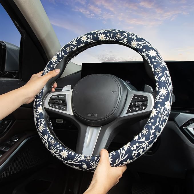Brown Japanese Style Flower Steering Wheel Cover Auto Embroidery Steering Wheel Protector, Anti-Slip, Breathable, Absorbing S