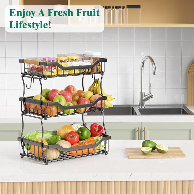 Giwil 3 Tier Countertop Fruit Basket for Kitchen, Vegetable Storage Bread Fruit Bowl Stand with 2 Banana Hooks, Wall Mounted 