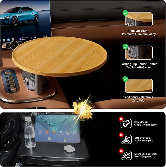 Car Tray & Car Desk for Laptop, 360 Rotating Wood Cup Holder Table, Steering Wheel Tray, Car Accessories for Women &