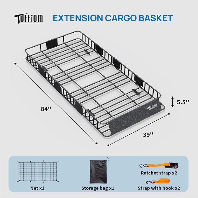 TUFFIOM 84"x 39"x 6" Rooftop Cargo Carrier, Universal Steel Roof Rack Basket w/Net+Storage Bag+Straps, Heavy Duty Extensionable Car Top Rack Luggage Holder Carrier Basket for SUV Car Truck Van