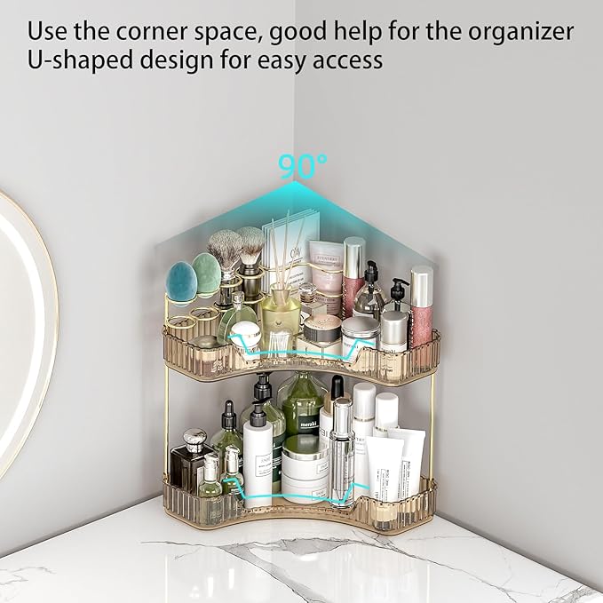 Corner Bathroom Counter Organizer with Top Toothbrush Holders, 2-Tier Make Up Organizers for Vanity with Brush Holder, Corner