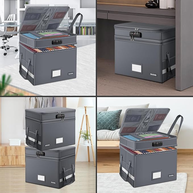 DocSafe File Box with Lock,Multi-Layer Fireproof Document Box Collapsible File Storage Organizer with Pockets/Handle,Large Po