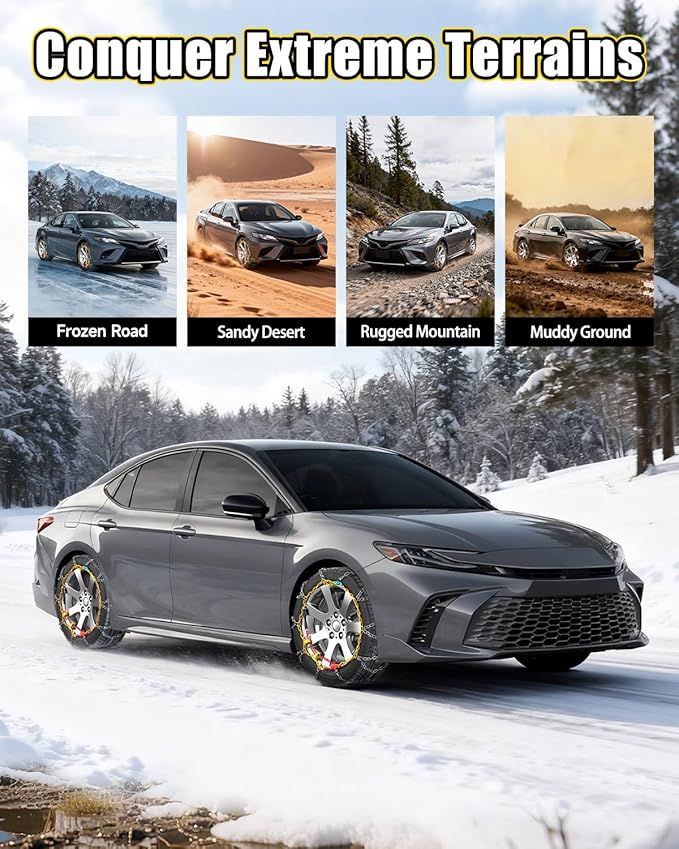 Snow-Chains Easy Install Tire-Chains, One-Pull Fit Design Tire Snow Chains for Passenger Cars, Sedan, SUVs, Emergency Winter 